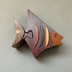 Fish Handcrafted Wooden Intarsia Puzzle Box Secret Chamber Jewelry Trinket Gift